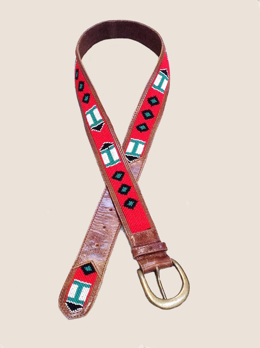 Embellished Leather Belt-Brown, Red & Turq