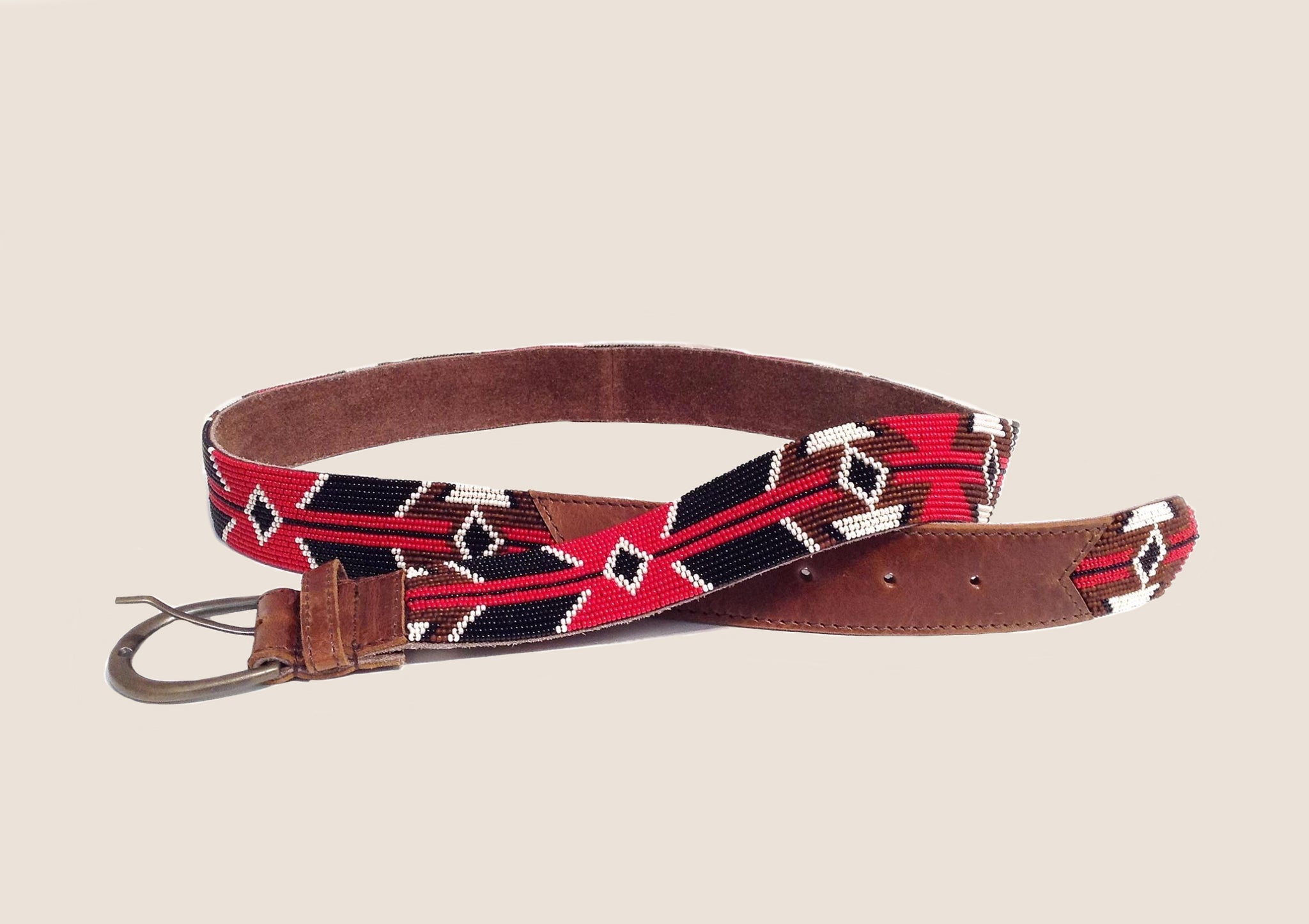 Embellished Leather Belt-Black, Red & Brown