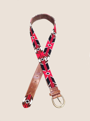 Embellished Leather Belt-Black, Red & Brown
