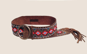 Embellished Leather Belt-Brown, Blue & Red