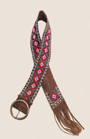 Embellished Leather Belt-Brown, Blue & Red