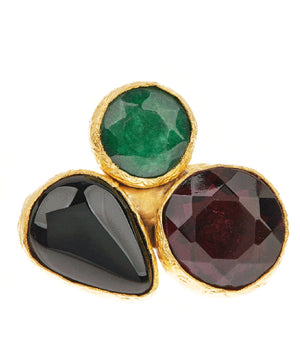 Triple Cluster Ring- Emerald, Amethyst & Black Onyx