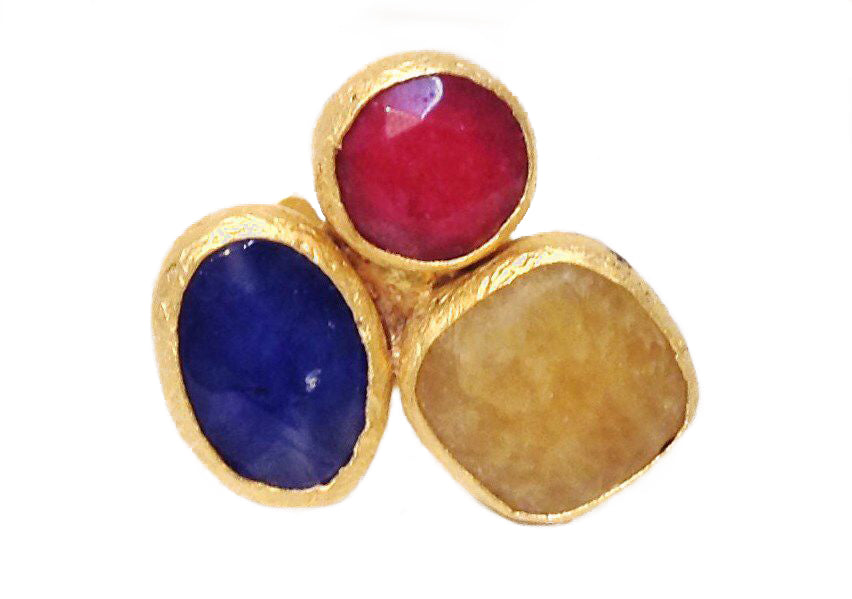 Triple Cluster Ring- Ruby, Yellow Calcite, Lapis Azul